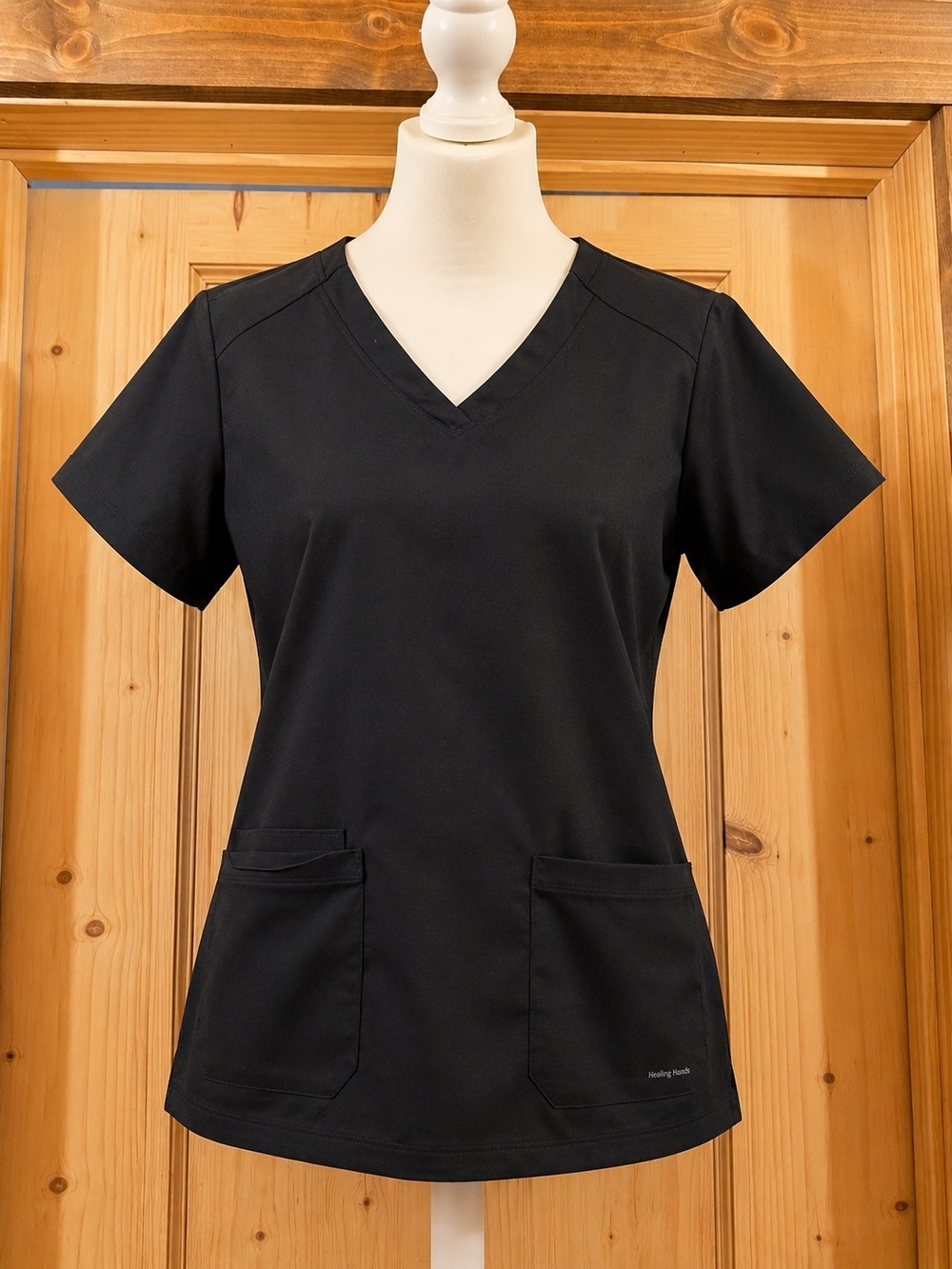 healing hands Black V-Neck Scrub Top